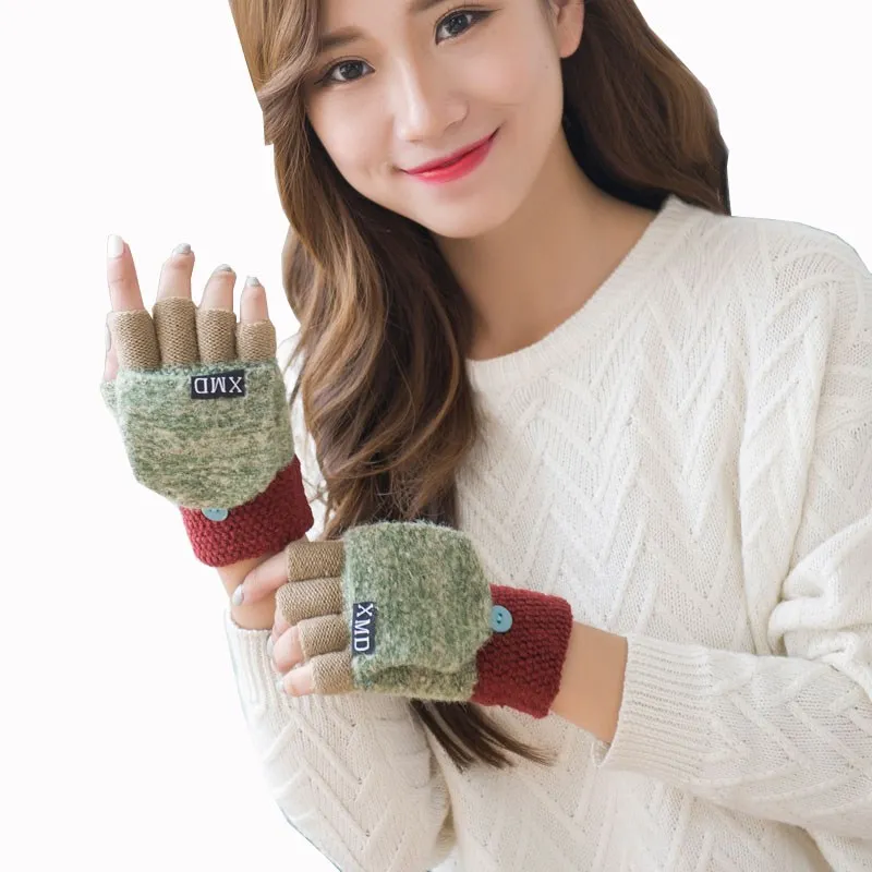 

YGYEEG New Female Autumn And Winter Korean Version Of The Warm Women Patchwork Cute Clamshell Dual-use Half Finger Wool Gloves