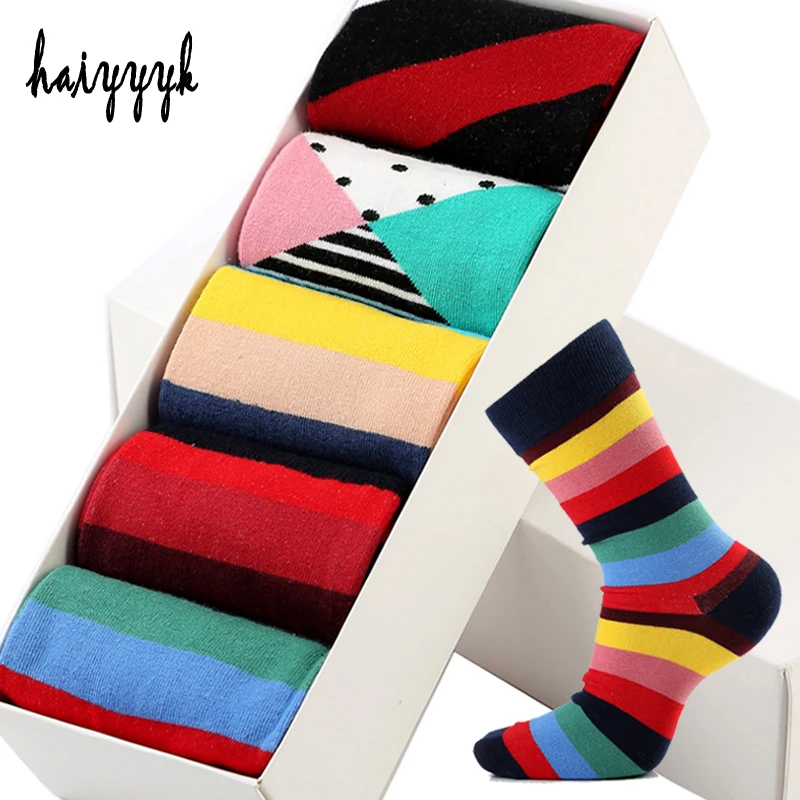 

5 Pair Combed Cotton Mens Socks Colorful Stripe Compression Socks Funny Dress Socks Men Big Size 39-46 NO BOX
