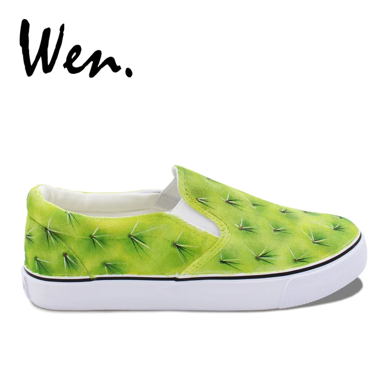Green Little Cactus Plants Womens Canvas Slip on Sneakers Skateboard Shoes