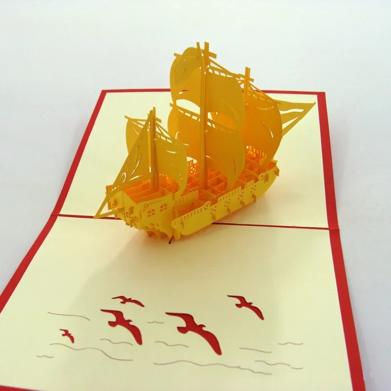 10 шт./лот) Киригами ручной работы и Оригами 3D всплывающие поздравительные открытки для подарка на день рождения бумага лазерная резка парусник визитные карточки