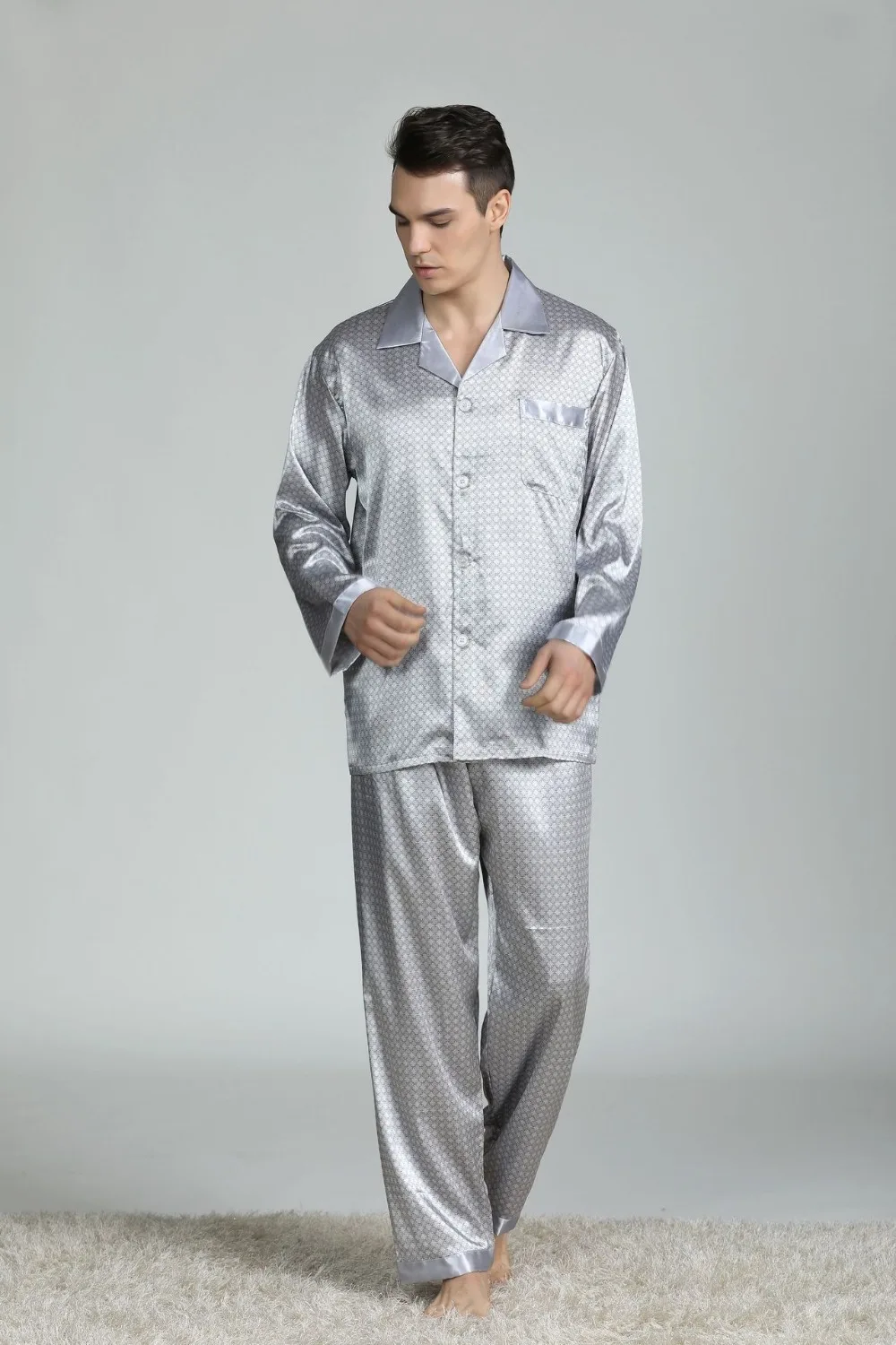 Мужское атласное с длинными рукавами, длинные штаны, пижамные комплекты, Роскошный дизайнерский Шелковый Ночной костюм из двух предметов, пижама с принтом, большие размеры L до 3XL
