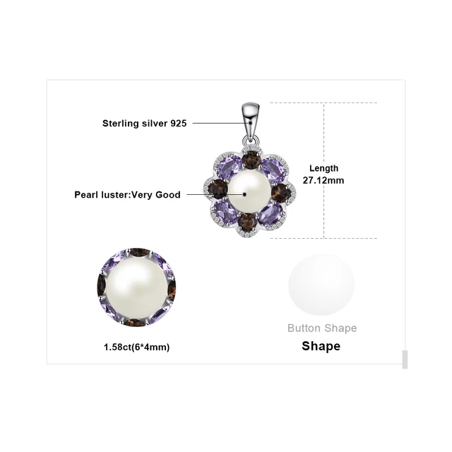 JewelryPalace New 9mm Cultured Pearl 2.6ct Smoky Quartz Amethyst Cluster Pendant 925 Sterling Silver Jewelry Not Include A Chain