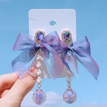 MENGJIQIAO, новинка, корейские милые фиолетовые Кристальные серьги в форме сердца с бантом, длинные висячие серьги для женщин, модные ювелирные изделия для праздников и вечеринок