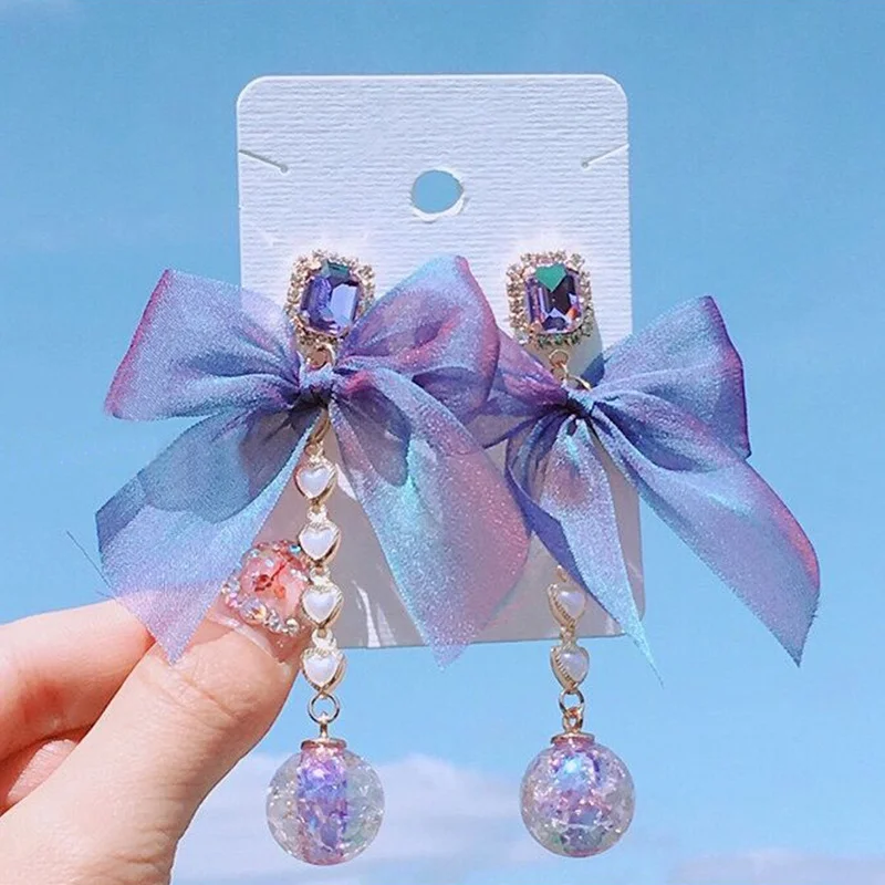 

MENGJIQIAO 2019 New Korean Sweet Purple Crystal Yarn Bowknot Heart Long Drop Earrings For Women Fashion Holiday Party Jewelry