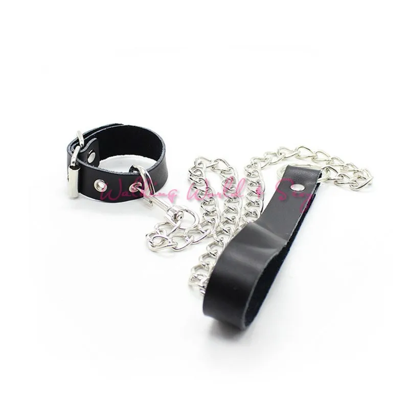 Genuine Leather Cock Ring With Chain Lash Set Fetish Male Chastity Belt Device Leather Penis Ring Delayed Sex Toys For Men (3)