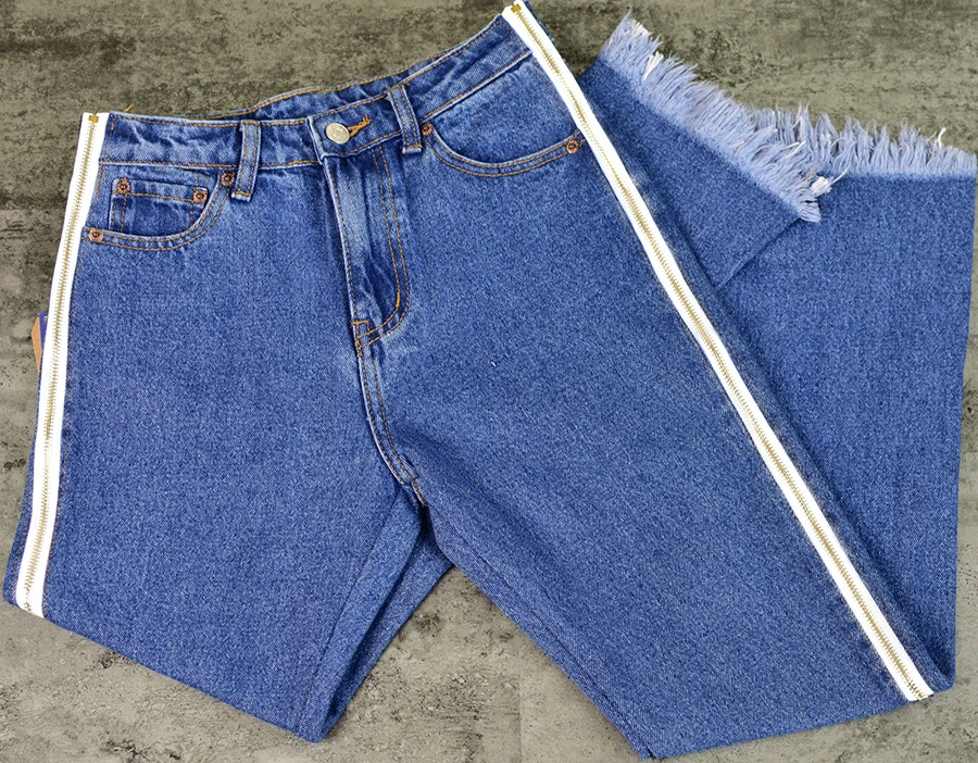 Europe and the United States women's high waist loose straight jeans nine pants bilateral zipper adjustment tassel tassels up to people section (11)