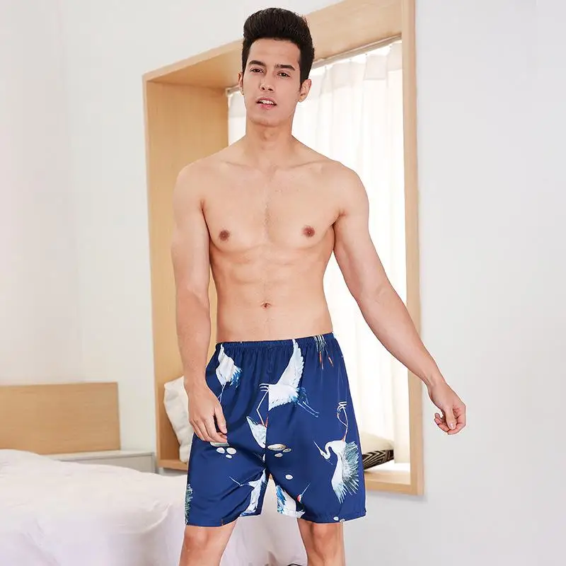 New Style Mens Long pants Spring Summer Casual Silky Home Wear Male Sleep Pyjama Bath Trousers L-XXL - Цвет: D1 short pants