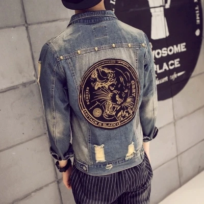 

Autumn Hi-Street Men jeans Jackets casual washed patchwork Distressed Denim Man Slim Fit Streetwear Hip Hop Vintage Jacket