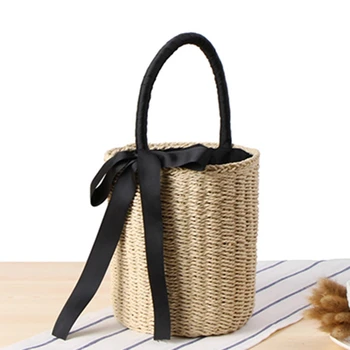 

AUAU-Women Straw Bags Summer Female Bowknot Beach Bags Women Designer Casual Tote Ladies Vintage