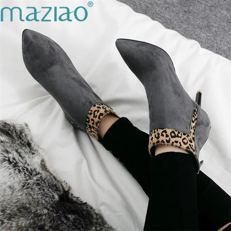 

Fashion Stiletto Leopard Patchwork High Heel Ankle Boots Female Pointed Toe Thin Heels Short Boots MAZIAO