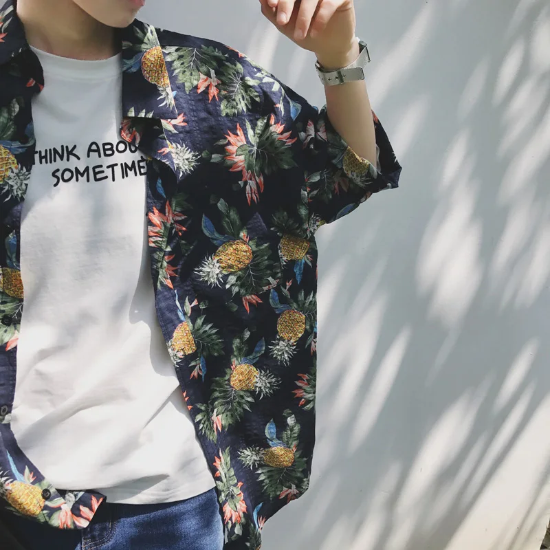 

2018 New Arrival Men Fashion Summer Pineapple Print Cotton Loose Short Sleeve Shirt Male Casual Hawaiian Shirt Beach Shirt Cloth