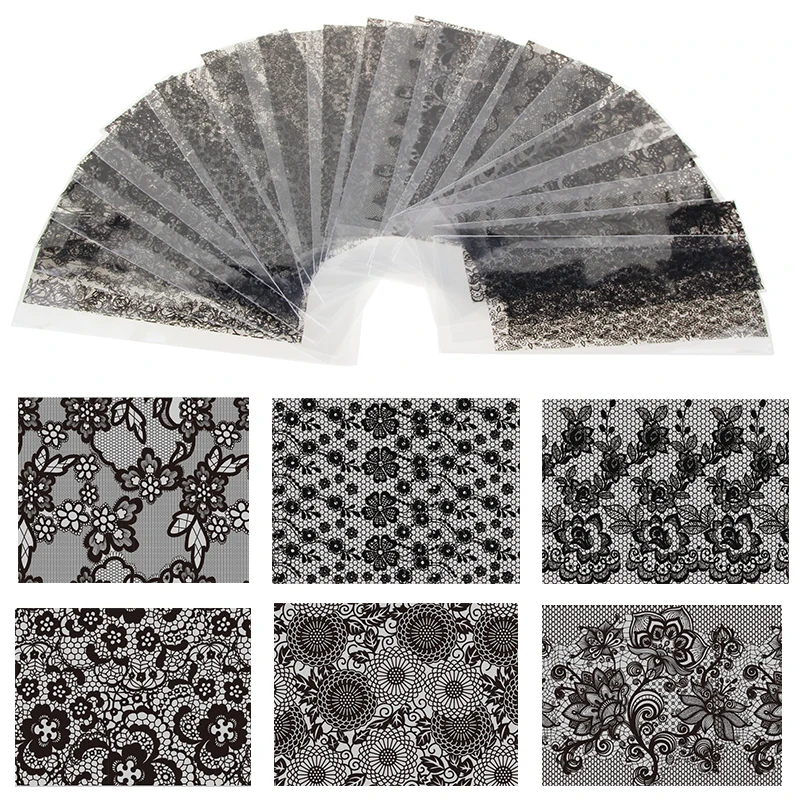 

Hot Sale 20 Sheets/Lot 20*4cm Nail Art Transfer Foil Floral Serial Sexy Black Lace Pattern Nail Sticker Foil Material DIY WY188