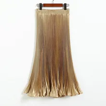 Сезон: весна–лето женские с высокой талией Твердые длинная Плиссированная юбка в европейском стиле Стиль с эластичной резинкой на талии, Блестящая обувь, с металлическим украшением Цвет, высота до середины голени, длинная юбка