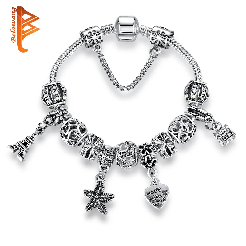 

BELAWANG European Jewelry Starfish Heart Silver Charm Bracelets For Women Crystal Beads Bracelets & Bangles DIY Jewelry Pulseras
