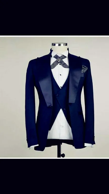 

Tailor Made navy blue Groom Tuxedos 3 Piece Slim Fit Mens Wedding Suits Bridegroom Best Man Suit Groomsman (Jacket+Pants+Vest)