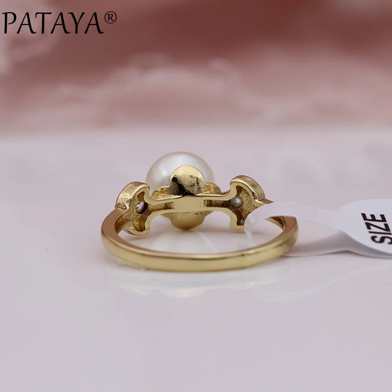 PATAYA New Champagne Gold Imitation Pearls Round Natural Zircon Rings Women Wedding Party Jewelry Leaf shape Girls Cute Ring