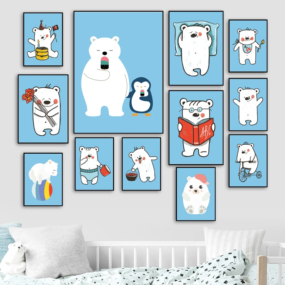 

Cartoon White Bear Nordic Posters And Prints Wall Art Canvas Painting Animal Wall Pictures Kids Baby Boy Room Nursery Home Decor
