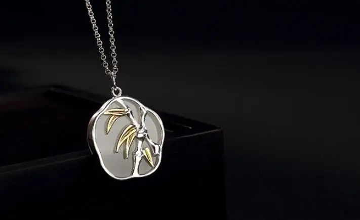 

Sterling S925 925 silver Necklace Nephrite Bamboo Pendant charm for woman