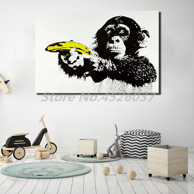 

Monkey Holding Banana Gun By Banksy HD Canvas Posters Prints Wall Art Painting Decorative Picture Modern Home Decoration Artwork