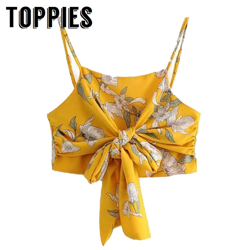 

2019 Summer Floral Printing Yellow Camisole Tops Sexy Vacation Beach Cropped Tops Varied Wearing Ways