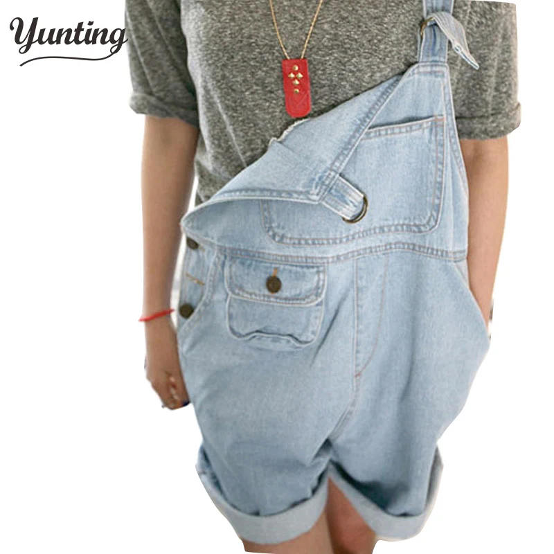 

Women's cute denim overalls Korean style casual jumpsuits Loose pocket jeans shorts Free shipping