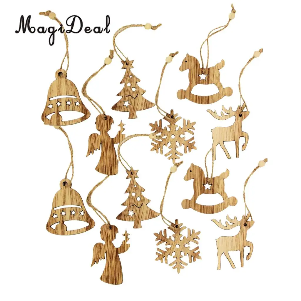 MagiDeal Vintage Style 12Pcs Assorted Wood Christmas Tree Hanging Decoration Xmas Ornament Gift Tag Embellishments Wedding Favor