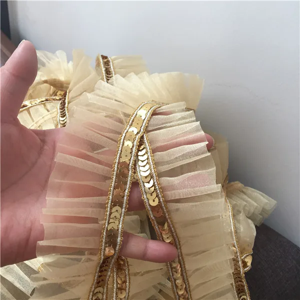 

Gold sequins ruffles ribbon lace trimming Chiffon lace trim diy collar garment skirt accessories lace fabric