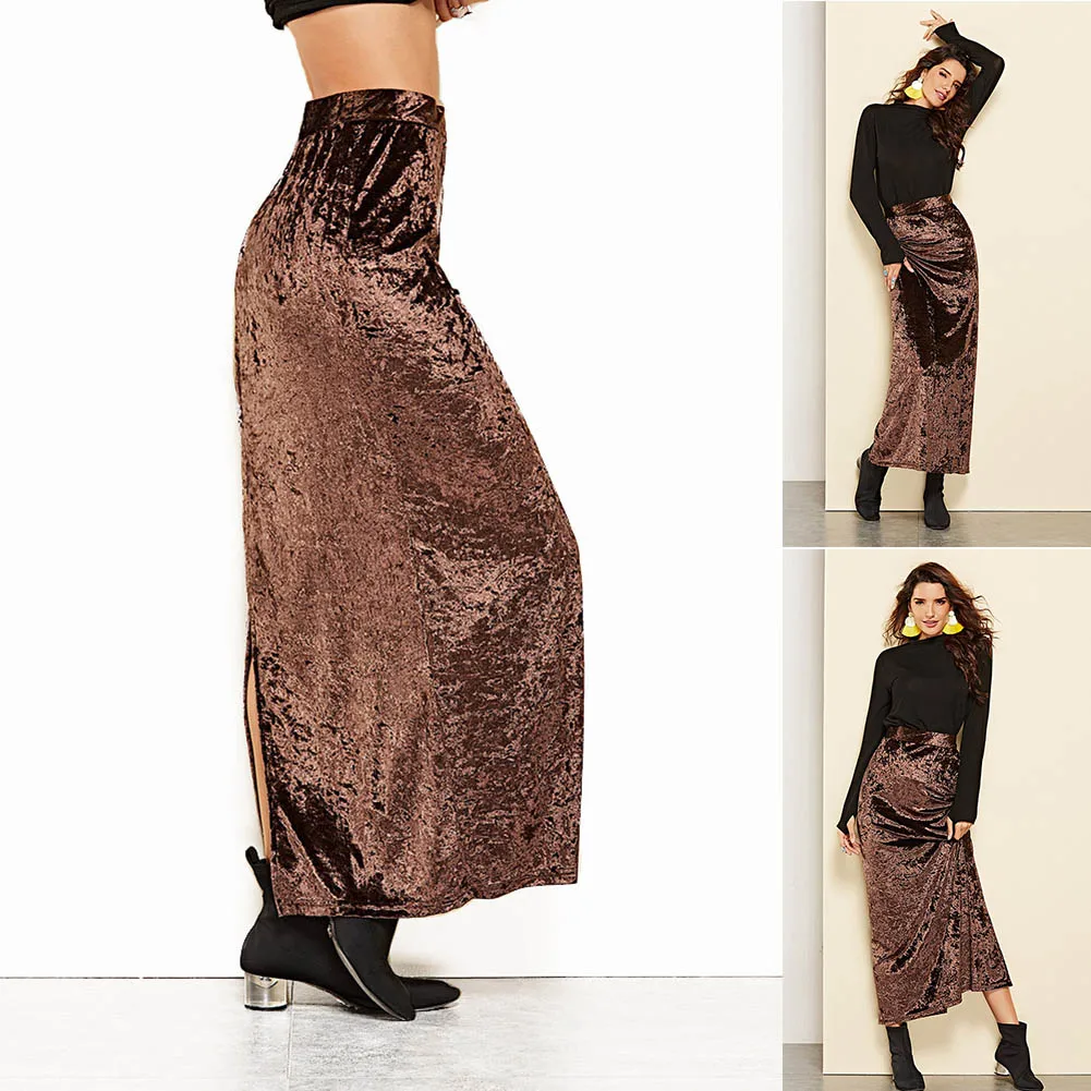 

Women Long Maxi Skirt Elastic Waist Winter Autumn Velvet Side Split Skirts MUG88