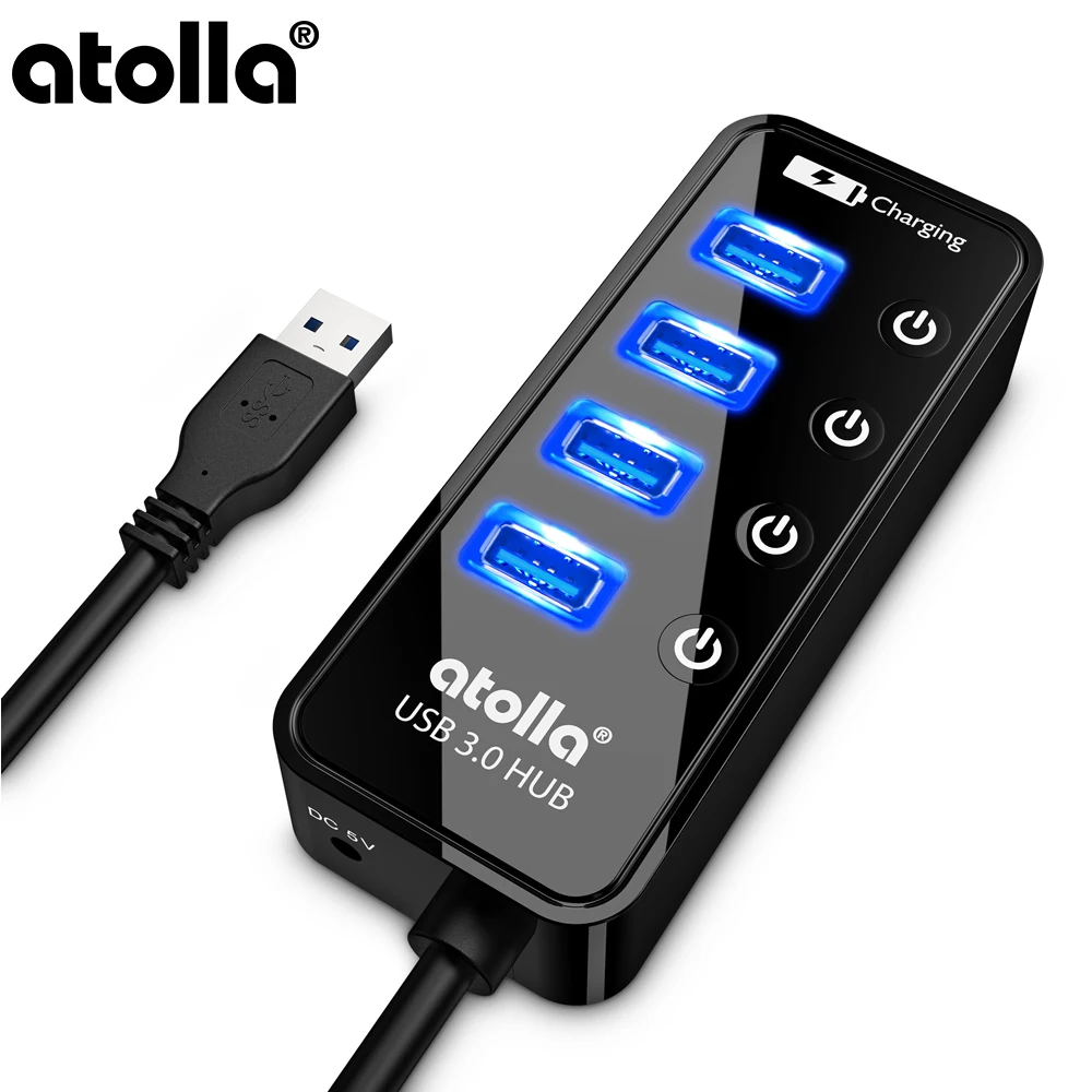 Atolla USB 3,0 концентратор 4 порта удлинитель супер скорость передачи данных с переключателем вкл. Выкл. И 1USB порт зарядки длина кабеля 2 фута