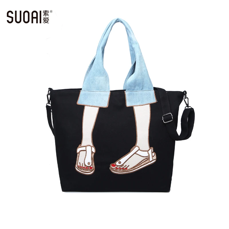 

SUOAI Women Canvas Causal Totes Fashion Female Luxury Handbags Big Shoulder Bags Brand Sac Special Girls Black Bag