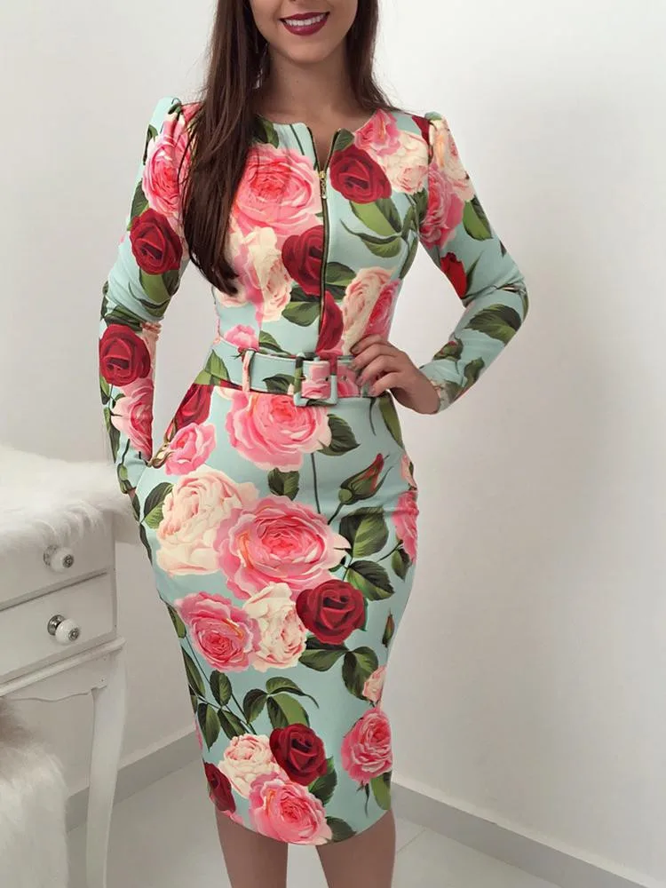 

2019 women 's sleeves floral print belt zip summer dress , long sleeve print bag hip dress robes female vestidos de verano