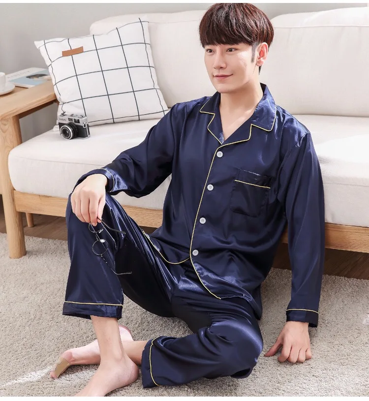 Пижамы для сна и отдыха, большие размеры, M-3XL, атласные шелковые пижамы, Длинные мужские, новинка 2019, осенняя одежда для сна, мужской пижамный