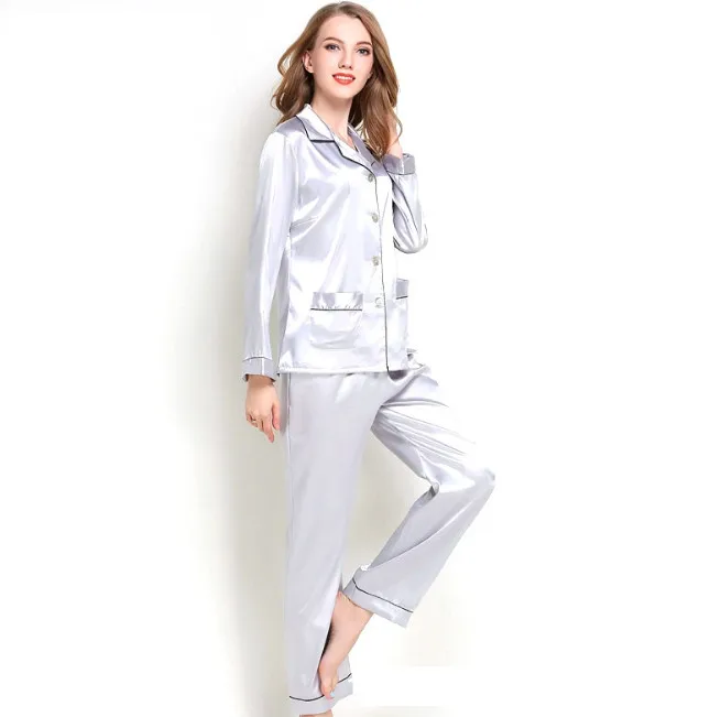 Атласная Шелковая пижама комплект короткий рукав на пуговицах Pj корейский комплект Пижама для сна домашней одежды из двух частей Pj Наборы ouc413 - Цвет: Gray Sliver