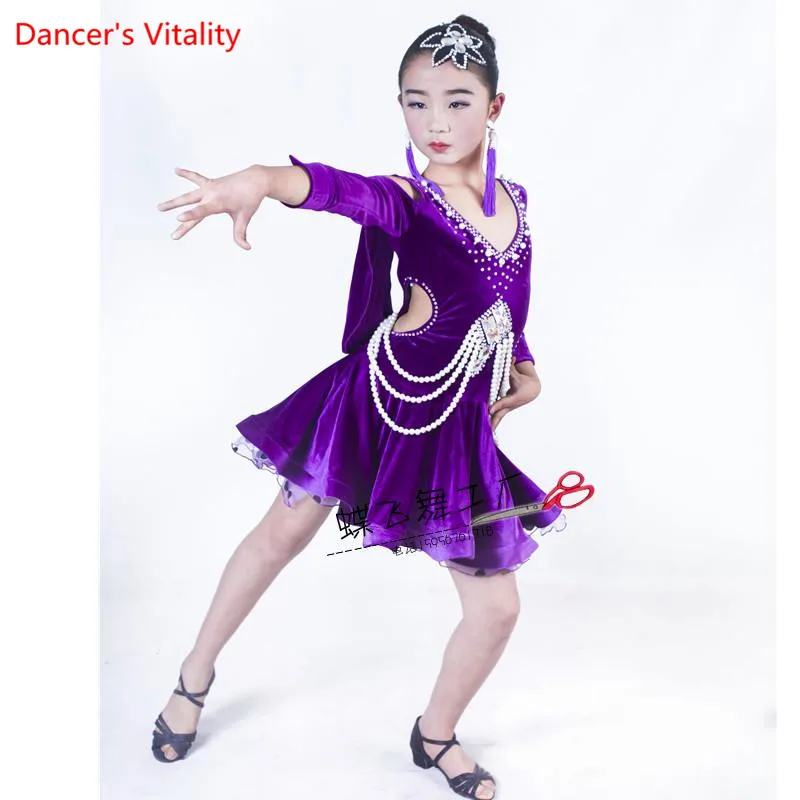 Обувь для девочек латинские танцы платье для бальных танцев костюмы с длинными рукавами Перл вспышки дрель платье для детей/Обувь для