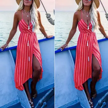 

New Women Summer Boho Maxi Long Dress Striped Halter Evening Party Beach Dresses Sundress Irregular bohemian beach dress