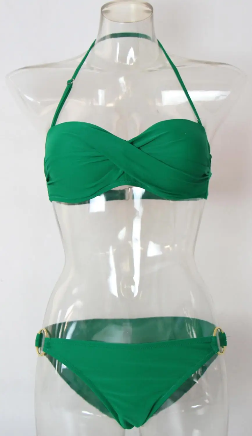 Бразильские бикини женские сексуальные купальники с эффектом пуш-ап кольцо дизайн пляжная одежда для плавания бандо без бретелек комплект бикини Maillot De Bain de - Цвет: Green