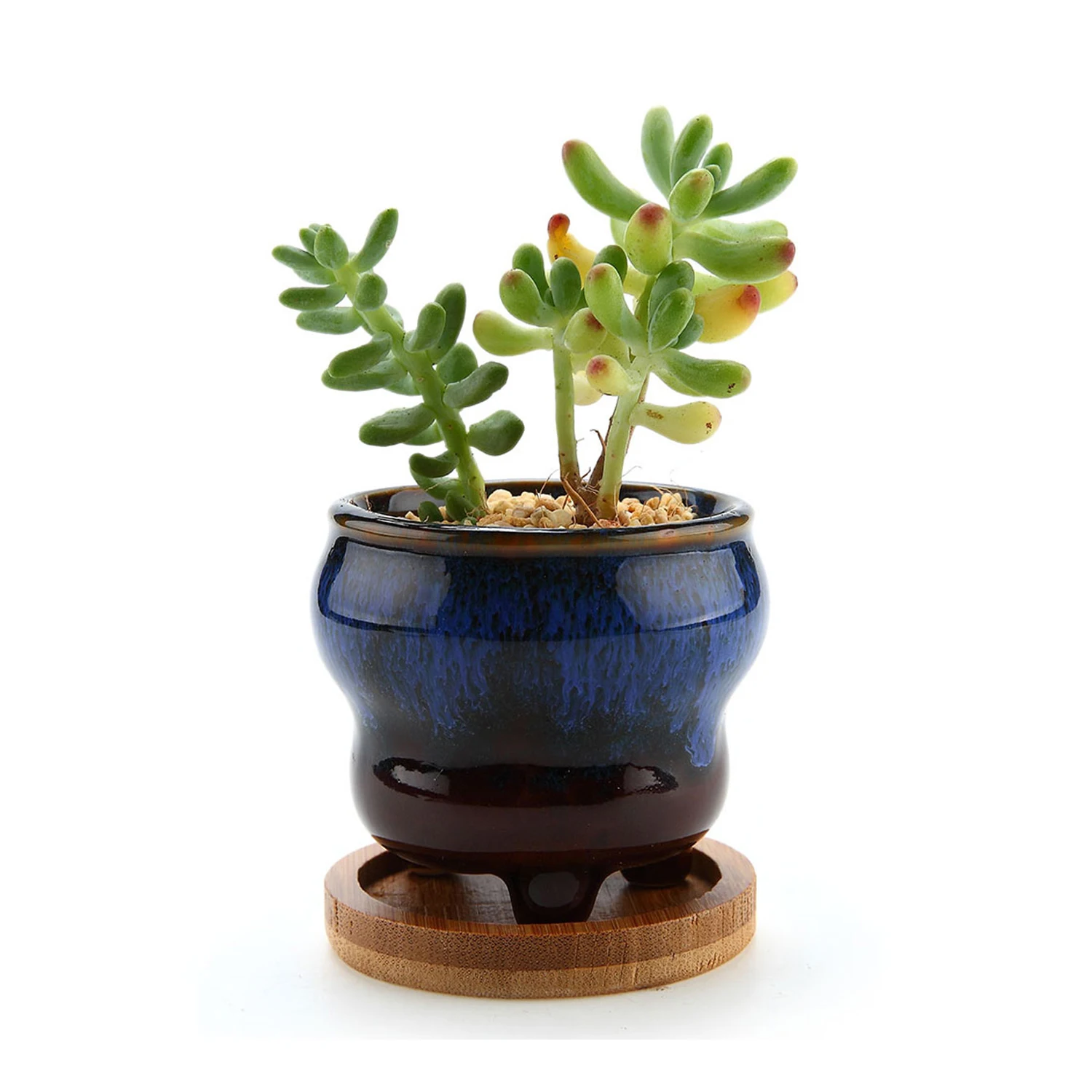 T4U 2.5&quot Ceramic Fambe Tripod Succulent Cactus Planter Pot Set with Bamboo Tray Blue Decoration Desktop Windowsill Bonsai Pots | Дом и сад