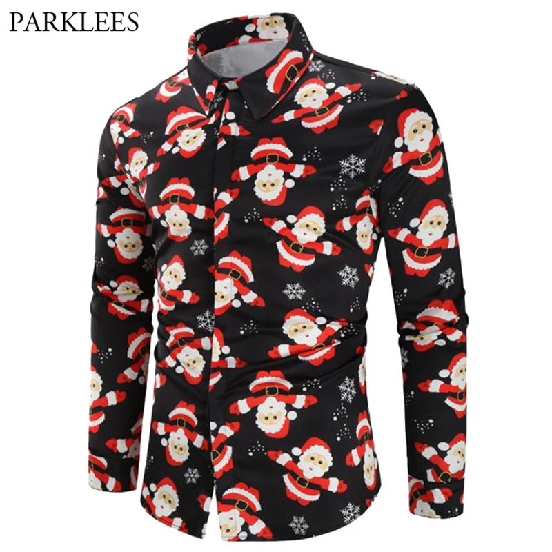 Buy Santa Clause Full Print Shirt Men Christmas Casual Slim Fit Mens Black