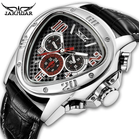 Design de Corrida Pulseira de Couro Relógio de Pulso Jaragar Esporte Masculino Relógios Triângulo Geométrico Relógio Genuíno Automático
