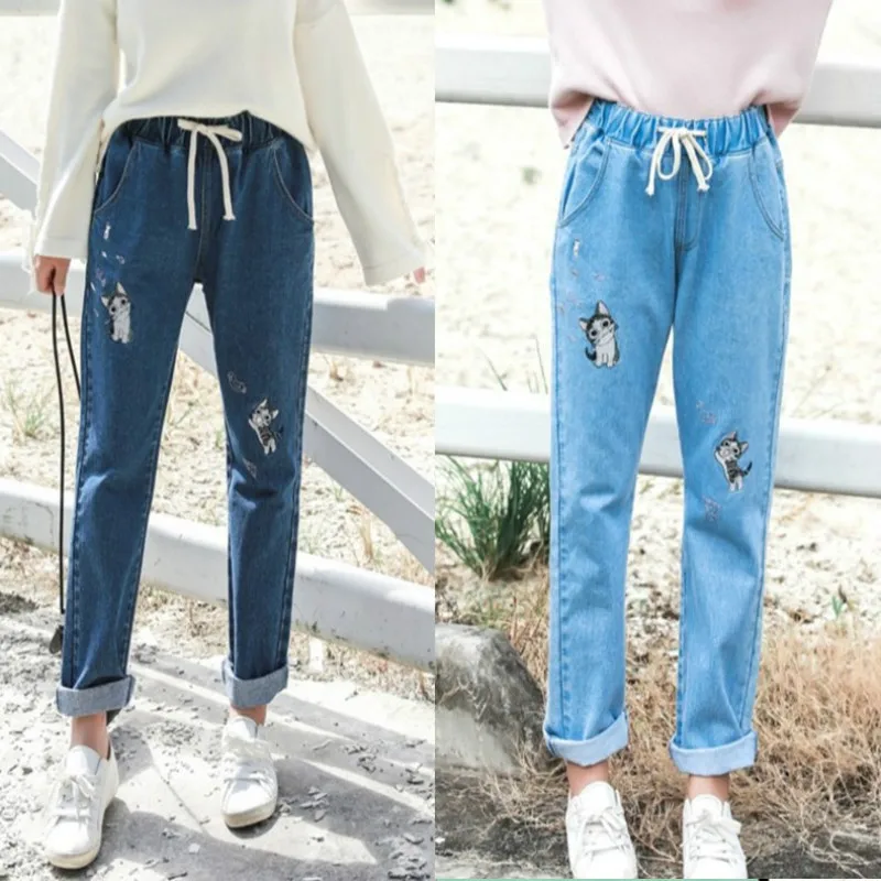 

Sweet Cute Cat Puppy Embroidery Girls Denim Jeans Elastic Waist Tie Student Denim Jean Pants Cotton Women Denim Trousers