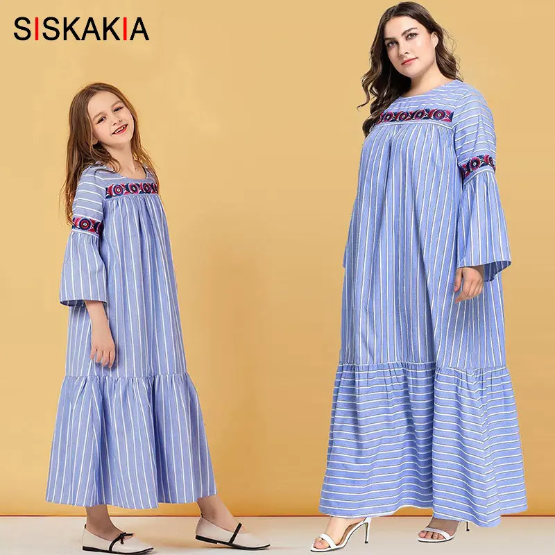 

Siskakia Mother Daughter Matching Dress Casual Family Outfit Autumn 2019 Women Big Girl Kids Striped Embroidery Dresses Blue New