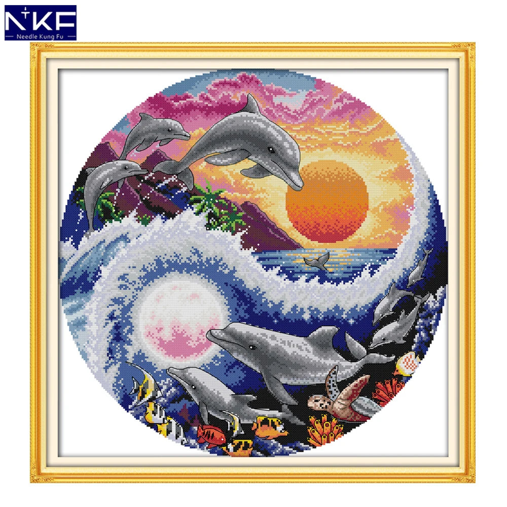 NKF Sun Moon and Dolphins Animal Pattern Handmade Craft Needlework Cross Stitch Embroidery Kit for Home Decor | Дом и сад