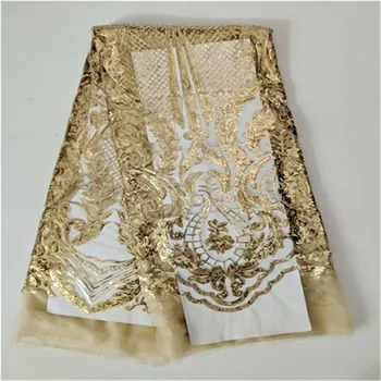 

Nigerian Lace Fabrics 5yard 3D Sequins lace fabric net lace fabric 2019 Sequins, golden lace fabric for haute couture dress