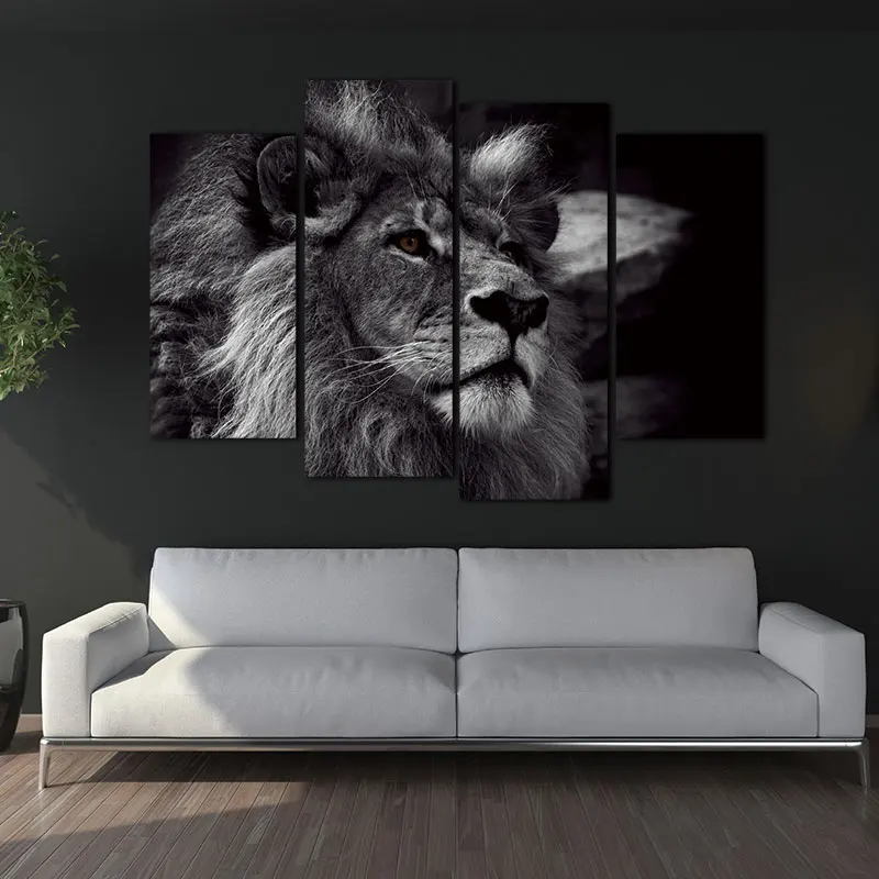 Lion Head Portrait Wall Art Painting Black And White Gray Pictures Print On Canv