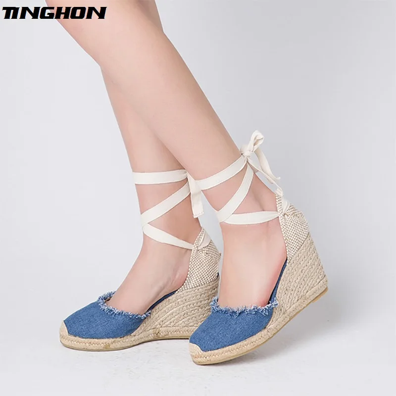 

TINGHON Women Tassel Denim Wedge Sandals Ankle Strap Fisherman Shoes Super High Heels Espadrilles Linen Flax Sapato Feminino