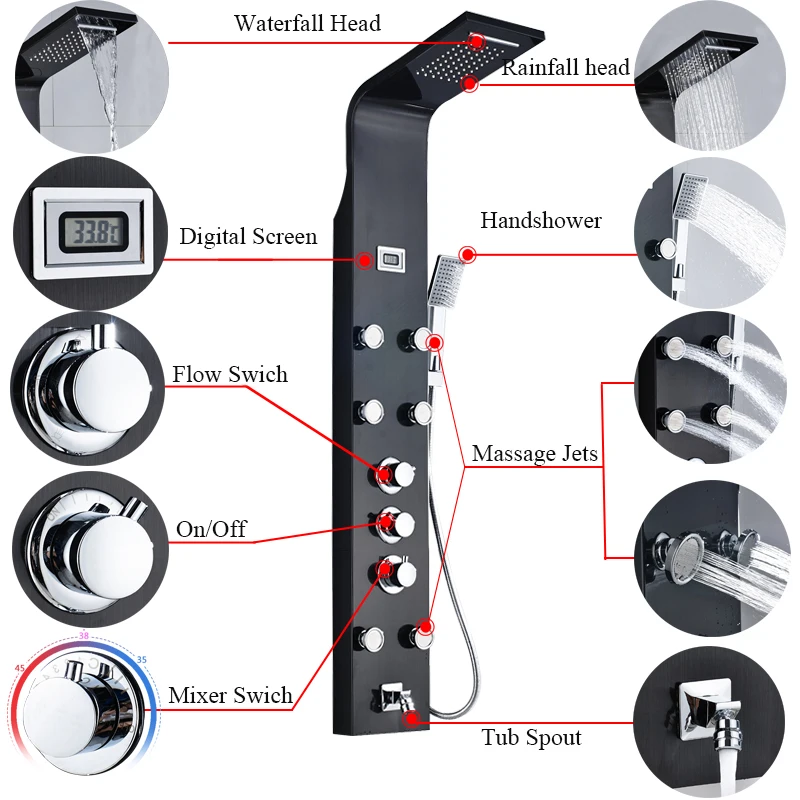 Shinesia термостатическая черная/матовая водопада дождевая душевая панель с массажной системой Ванна Носик и ручной душ душевая Колонка Набор