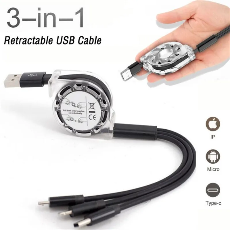 

3 in 1 Retractable USB Cable For iPhone Xs Max Xr X 2.4A Fast Charging Universal Micro USB Type C Cable For Samsung OnePlus Cord