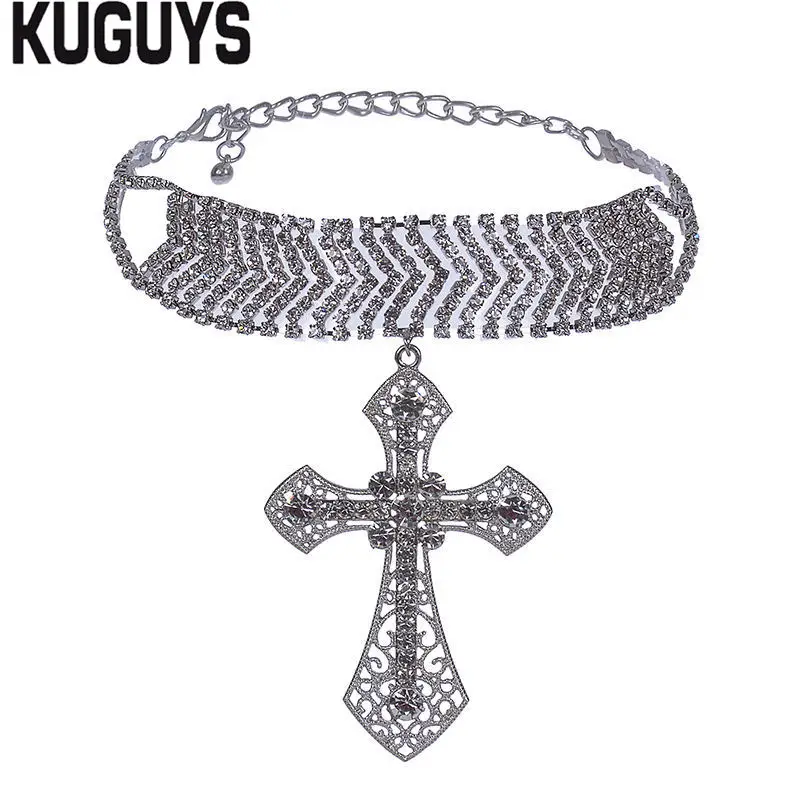 KUGUYS модные ювелирные изделия золото серебро подвеска с большим крестом ожерелье s для женщин гиперболы геометрические винтажные кристаллы ожерелье