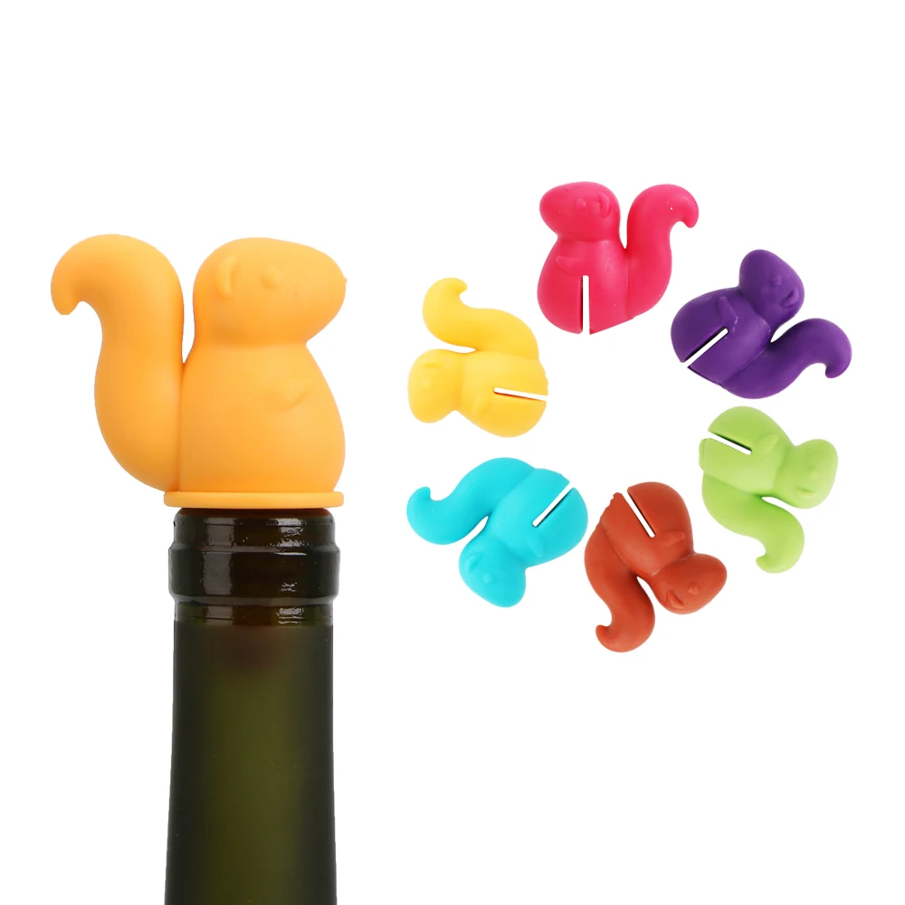 HILIFE Drink Cup Silicone Marker Cute Squirrel Shape Wine Bottle Stopper Rubber Wine Glass Label Wine Cork Plug 7 pcs/set