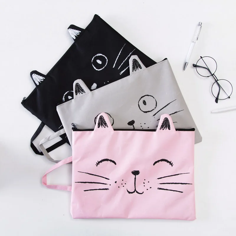 Милый котенок молния холст файл сумка студент канцелярские мультфильм бумажный мешок для сбора